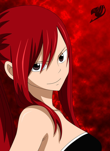 Anime picture 2400x3300 with fairy tail erza scarlet maddog05 single long hair tall image highres smile bare shoulders brown eyes ponytail red hair coloring portrait girl dress black dress