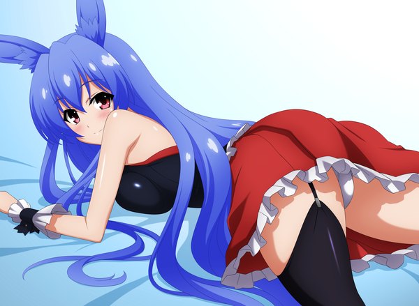 Anime picture 6908x5064 with mondaiji-tachi ga isekai kara kuru sou desu yo? kurousagi (mondaiji) wave ride single long hair blush highres light erotic red eyes animal ears blue hair absurdres bunny ears girl thighhighs skirt black thighhighs miniskirt