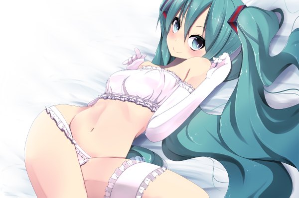 Anime picture 1200x799 with vocaloid hatsune miku pon (shind 997) single looking at viewer blush light erotic smile twintails very long hair aqua eyes aqua hair underwear only girl gloves navel underwear panties elbow gloves frills