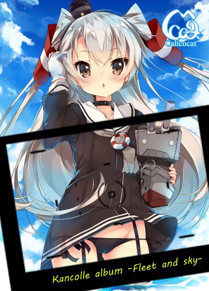 Anime picture 862x1200 with kantai collection amatsukaze destroyer rensouhou-kun mayuzaki yuu long hair tall image blush light erotic brown eyes sky silver hair cloud (clouds) inscription :o two side up pantyshot adjusting hair recording girl gloves