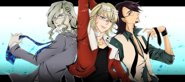 Anime picture 2000x891 with tiger & bunny sunrise (studio) kaburagi t. kotetsu barnaby brooks jr. yuri petrov long hair highres short hair blue eyes blonde hair brown hair wide image brown eyes green eyes light smile open clothes open shirt blue background boy glasses