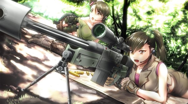 Anime picture 1620x900 with idolmaster futami mami futami ami doku hebi long hair short hair open mouth brown hair wide image bare shoulders multiple girls brown eyes looking away cleavage girl gloves uniform weapon 2 girls plant (plants)