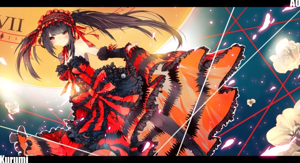 Anime picture 1200x652 with date a live tokisaki kurumi utm single long hair blush black hair smile wide image twintails bare shoulders heterochromia letterboxed uneven twintails girl dress flower (flowers) detached sleeves petals frills