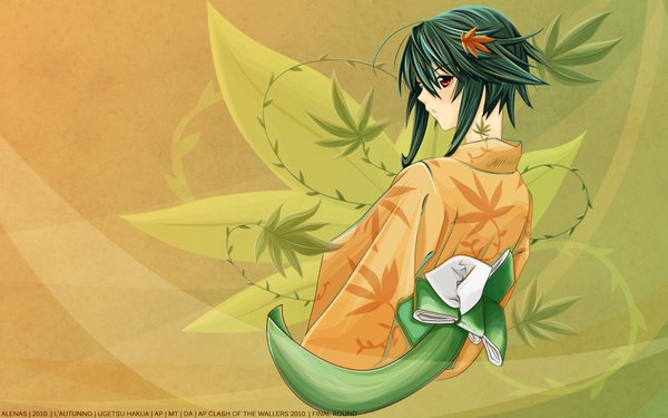 Anime picture 1920x1200 with hakua ugetsu single highres short hair red eyes wide image japanese clothes looking back green hair from behind back girl leaf (leaves)