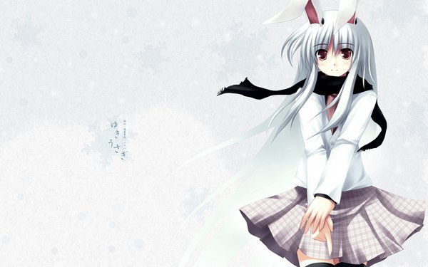 Anime picture 1680x1050 with touhou reisen udongein inaba tateha (marvelous grace) single long hair looking at viewer red eyes wide image white background white hair long sleeves pleated skirt light smile wind plaid skirt bunny girl alternate hair color finger gun girl thighhighs