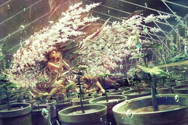 Anime picture 1200x800 with original mou-s long hair black hair red eyes sitting lying light girl dress boy plant (plants) wings sundress