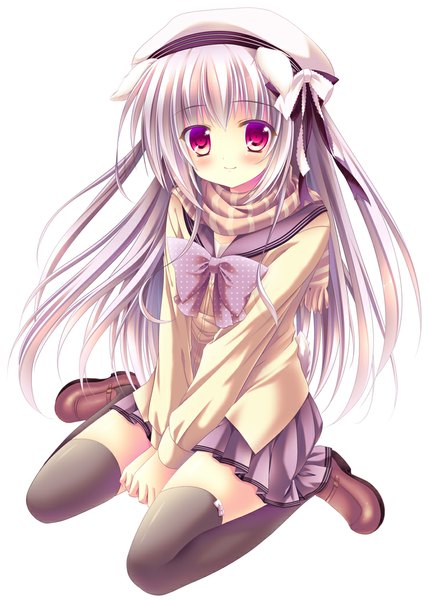 Anime picture 740x1035 with original mizuki yuuma single long hair tall image looking at viewer blush simple background red eyes white background animal ears silver hair girl thighhighs skirt ribbon (ribbons) black thighhighs hair ribbon bowtie scarf