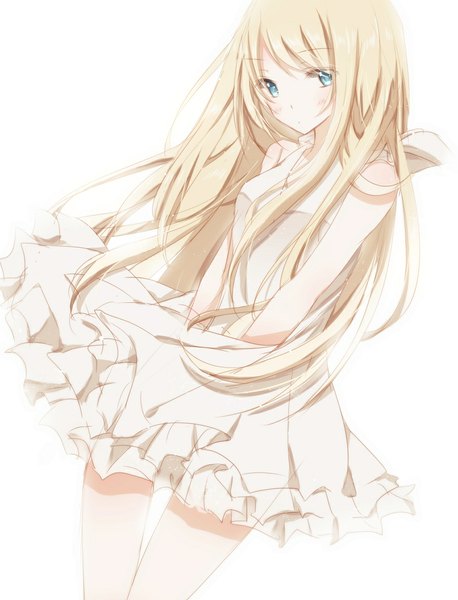 Anime picture 881x1153 with original hiro (hirohiro31) single long hair tall image looking at viewer blush blue eyes simple background blonde hair white background girl dress sundress