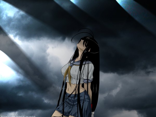 Anime picture 1600x1200 with ikkitousen kanu unchou single long hair fringe breasts light erotic black hair simple background large breasts sky eyes closed sunlight hair over one eye covered nipples sunbeam girl skirt navel uniform