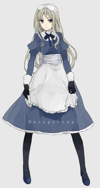 Anime picture 800x1500 with axis powers hetalia studio deen belarus (hetalia) hita (hitapita) single long hair tall image looking at viewer fringe simple background blonde hair purple eyes inscription grey background maid character names russian girl gloves uniform