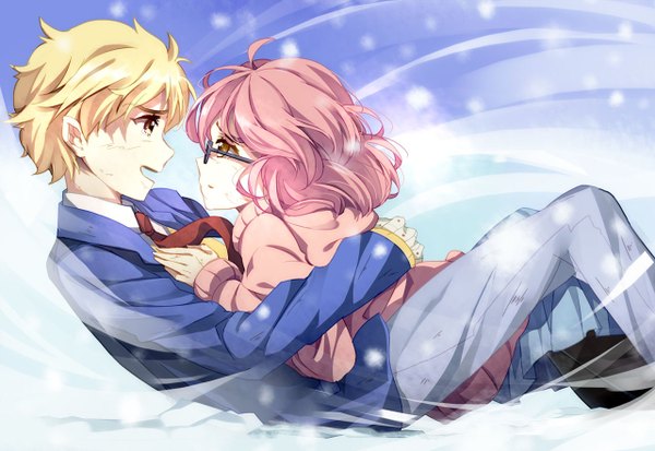 Anime picture 1280x882 with kyoukai no kanata kyoto animation kuriyama mirai kanbara akihito bison cangshu short hair open mouth blonde hair brown eyes pink hair profile couple hug tears snowing falling girl boy uniform school uniform