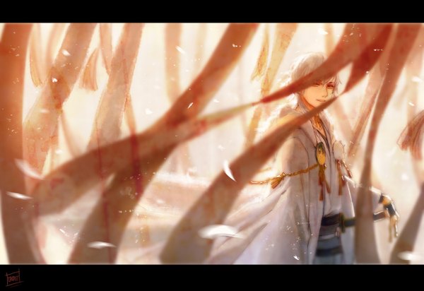 Anime picture 1300x894 with touken ranbu nitroplus tsurumaru kuninaga guan tang baozi single looking at viewer short hair standing yellow eyes outdoors white hair traditional clothes japanese clothes wind wide sleeves boy petals hood obi coat of arms