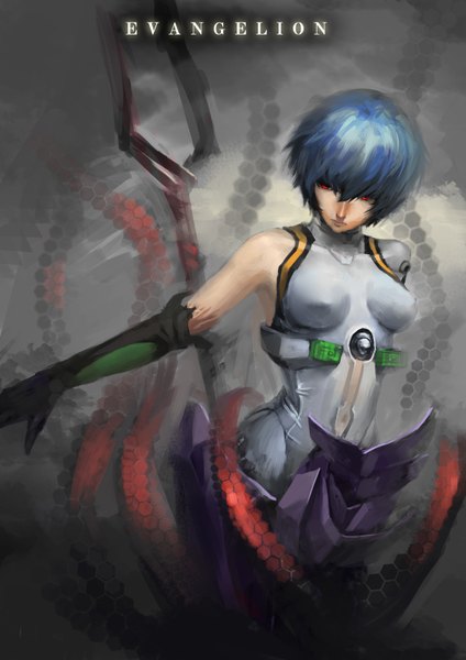 Anime picture 2480x3508 with neon genesis evangelion gainax ayanami rei shuyinnosi single tall image fringe highres short hair breasts light erotic red eyes aqua hair glowing girl gloves elbow gloves bodysuit