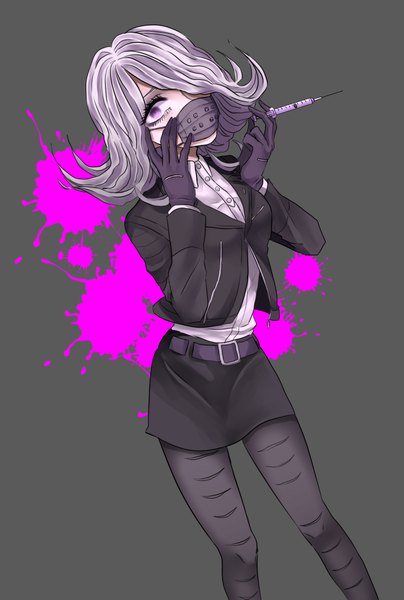 Anime picture 1261x1873 with dangan ronpa danganronpa 3 kimura seiko aji no sashimi single tall image looking at viewer fringe short hair simple background standing purple eyes holding silver hair hair over one eye grey background hands on face girl gloves pantyhose