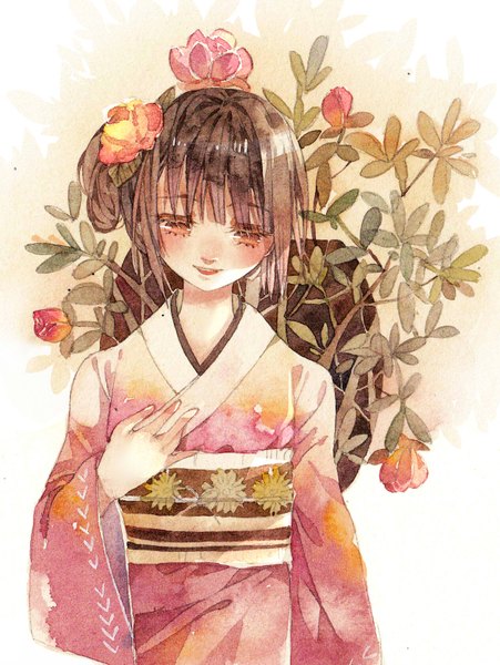 Anime picture 1264x1680 with original rei (pixiv4656825) single tall image blush fringe open mouth smile brown hair standing brown eyes traditional clothes japanese clothes hair flower teeth hand on chest traditional media watercolor (medium) girl hair ornament