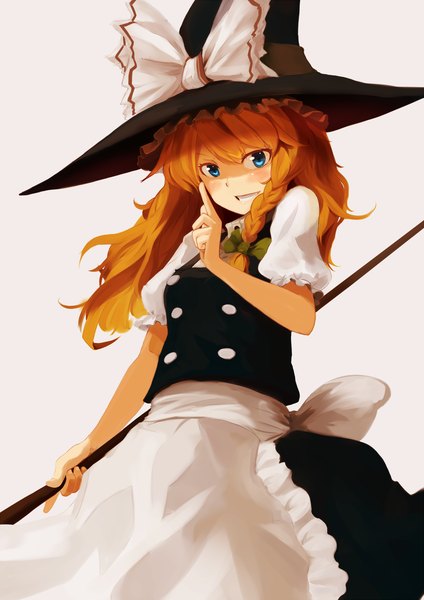 Anime picture 1265x1789 with touhou kirisame marisa yammy (pixiv) single long hair tall image looking at viewer blush fringe blue eyes simple background smile standing holding braid (braids) orange hair teeth puffy sleeves single braid witch