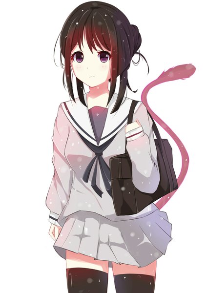 Anime picture 1240x1754 with noragami studio bones iki hiyori core (pixiv 7125871) single tall image looking at viewer fringe breasts simple background brown hair white background purple eyes ahoge tail long sleeves pleated skirt shadow hair bun (hair buns) zettai ryouiki
