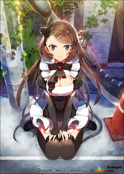 Anime picture 640x896 with qurare: magic library haal9000 hakusai (tiahszld) single long hair tall image looking at viewer fringe breasts smile brown hair large breasts sitting brown eyes cleavage bent knee (knees) outdoors long sleeves from above sunlight