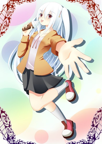 Anime picture 1100x1549 with original akine (kuroyuri) single long hair tall image blush red eyes white hair girl skirt miniskirt socks food sweets white socks ice cream