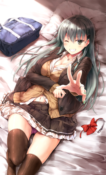 Anime picture 644x1058 with kantai collection suzuya heavy cruiser suien single long hair tall image blush fringe breasts light erotic smile hair between eyes cleavage lying nail polish one eye closed grey hair grey eyes pantyshot outstretched hand