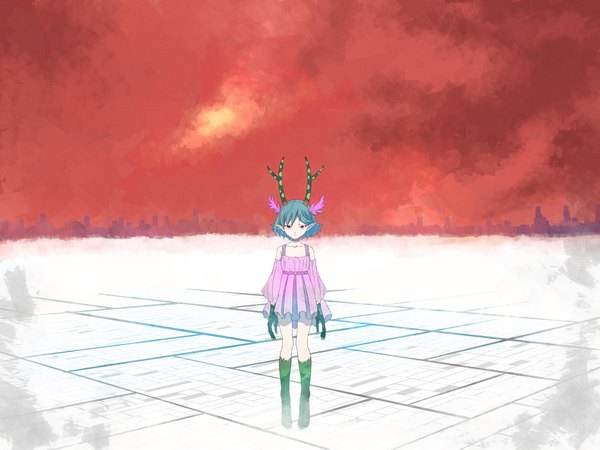 Anime picture 1600x1200 with c: the money of soul and possibility control q (control) minamikitsune single short hair standing bare shoulders blue hair sky horn (horns) pointy ears head wings red sky girl dress short dress