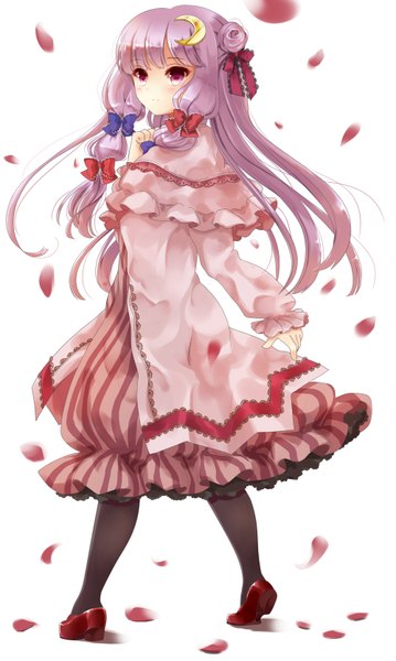 Anime picture 1000x1671 with touhou patchouli knowledge puracotte single long hair tall image purple eyes looking away purple hair crescent girl dress hair ornament bow hair bow petals