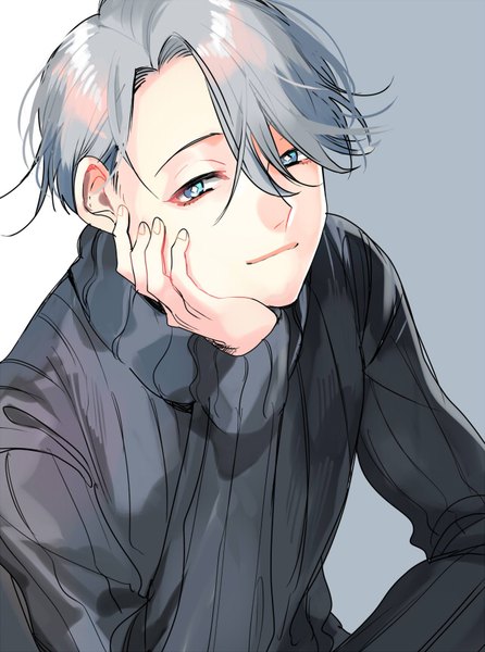 Anime picture 639x859 with yuri!!! on ice mappa viktor nikiforov kyouichi single tall image looking at viewer fringe short hair blue eyes simple background silver hair upper body from above hair over one eye grey background chin rest boy sweater