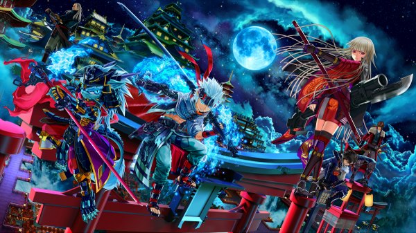 Anime picture 4800x2700 with original usui no ken long hair looking at viewer fringe highres short hair blue eyes black hair blonde hair smile red eyes brown hair wide image blue hair absurdres cloud (clouds) traditional clothes japanese clothes pointy ears