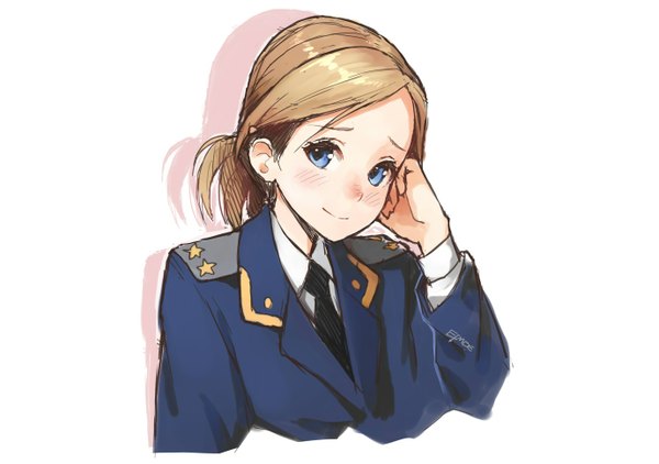 Anime picture 1378x970 with real life natalia poklonskaya efmoe single looking at viewer blush short hair blue eyes simple background smile brown hair white background hand on face girl uniform earrings shirt necktie star (symbol) jewelry