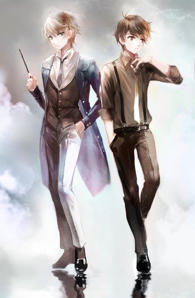 Anime picture 800x1223 with aldnoah.zero a-1 pictures slaine troyard kaizuka inaho juexing (moemoe3345) tall image looking at viewer short hair brown hair brown eyes green eyes looking away silver hair cloud (clouds) multiple boys hand in pocket boy necktie 2 boys pants