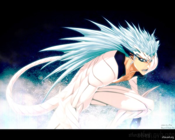 Anime picture 1280x1024 with bleach studio pierrot grimmjow jeagerjaques stfun single long hair blue eyes blue hair tail grin coloring espada boy