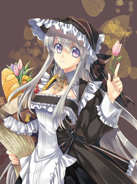 Anime picture 764x1024 with original cu-rim single long hair tall image looking at viewer purple eyes silver hair light smile girl dress flower (flowers) frills bonnet