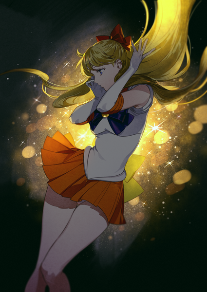 Anime picture 1253x1770 with bishoujo senshi sailor moon toei animation aino minako sailor venus tayuya1130 single long hair tall image blue eyes light erotic blonde hair simple background pleated skirt arms up sparkle floating hair looking down skirt lift half updo skirt flip