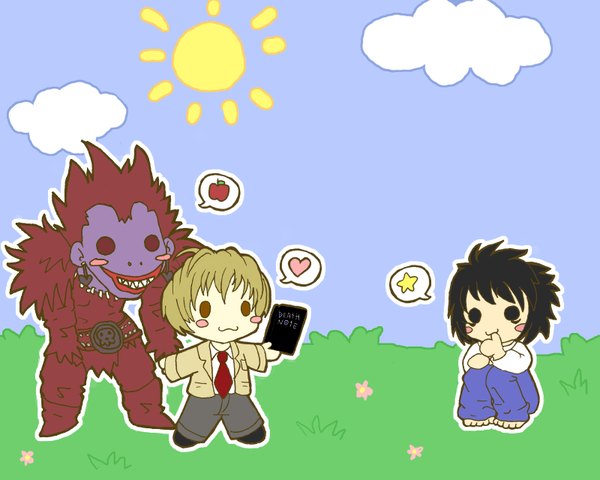 Anime picture 1600x1280 with death note madhouse yagami light l (death note) ryuk chibi solid eyes