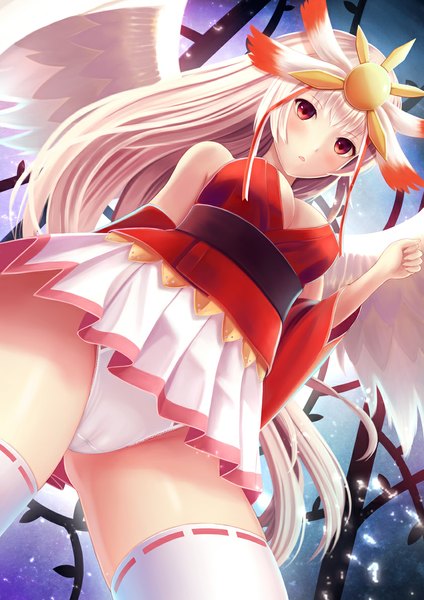 Anime picture 842x1191 with beatmania houou rinka megimegyo single long hair tall image blush light erotic red eyes bare shoulders white hair girl thighhighs skirt hair ornament underwear panties detached sleeves white thighhighs wings
