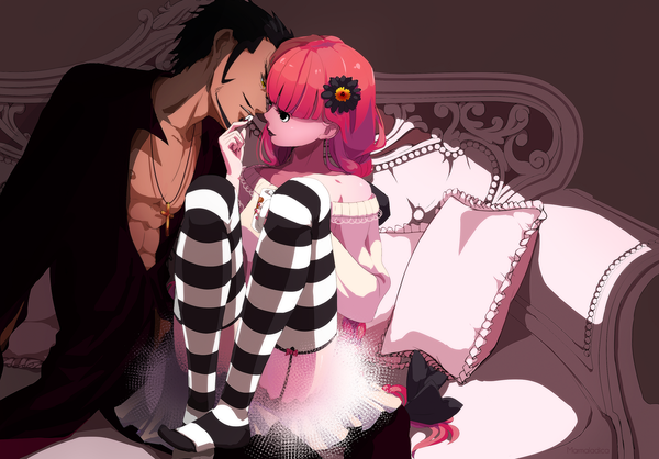 Anime picture 1800x1256 with one piece toei animation perona dracule mihawk marmalade (elfless vanilla) long hair fringe highres sitting bare shoulders yellow eyes pink hair hair flower open clothes open shirt no shoes wavy hair muscle face to face girl