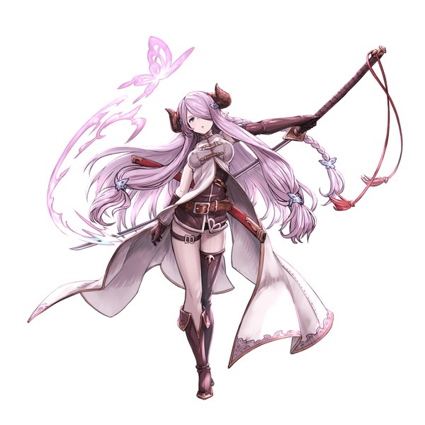 Anime picture 1000x1000 with granblue fantasy narmaya (granblue fantasy) robo8 single long hair looking at viewer fringe breasts blue eyes light erotic simple background large breasts white background holding pink hair braid (braids) parted lips head tilt arm up horn (horns)