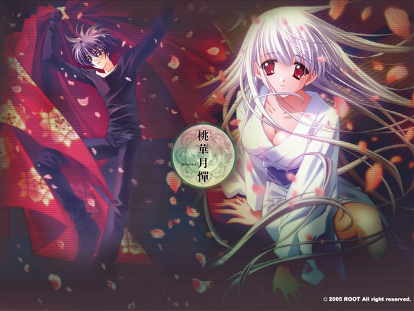 Anime picture 1280x960 with touka gettan kawakabe momoka kamiazuma touka carnelian looking at viewer short hair breasts black hair red eyes large breasts sitting cleavage upper body white hair long sleeves very long hair traditional clothes parted lips japanese clothes :o