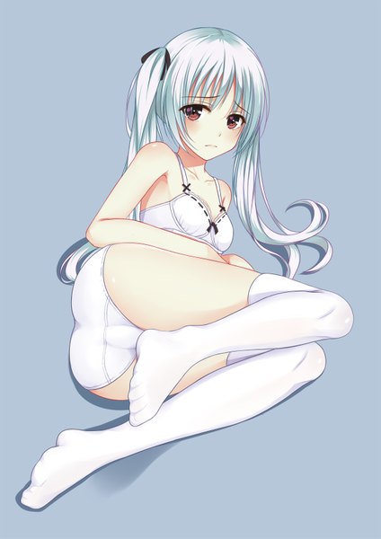 Anime picture 1200x1697 with yosuga no sora kasugano sora flan (seeyouflan) single long hair tall image looking at viewer blush light erotic simple background twintails brown eyes silver hair full body bent knee (knees) embarrassed legs thighs blue background eyebrows