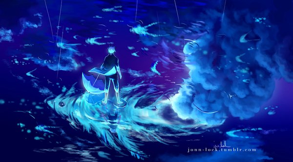 Anime picture 1000x556 with jon-lock (artist) short hair wide image standing cloud (clouds) white hair barefoot from above from behind no shoes reflection rain boy water umbrella