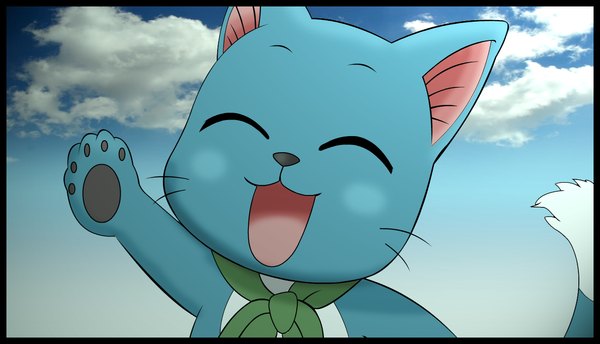 Anime picture 1304x748 with fairy tail happy (fairy tail) single smile wide image sky cloud (clouds) eyes closed framed animal cat
