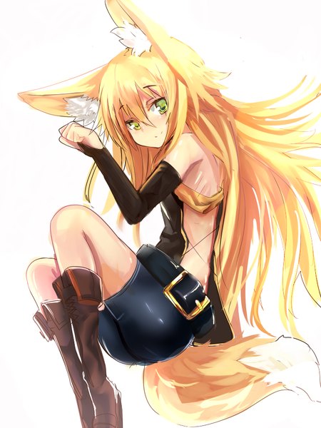 Anime picture 750x1000 with original kokonoe tsubaki haik long hair tall image looking at viewer blonde hair simple background smile white background bare shoulders animal ears yellow eyes tail animal tail fox tail fox girl girl detached sleeves shorts