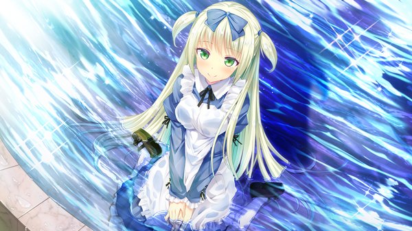 Anime picture 1024x576 with gakuen butou no folklore single long hair blush smile wide image twintails green eyes game cg white hair short twintails girl dress bow hair bow water