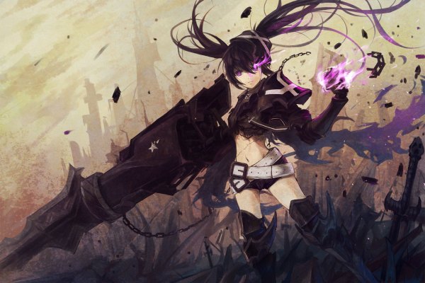 Anime picture 1200x800 with black rock shooter insane black rock shooter stflash single long hair black hair twintails pink eyes wind midriff torn clothes glowing scar glowing eye (eyes) girl gloves navel weapon shorts belt