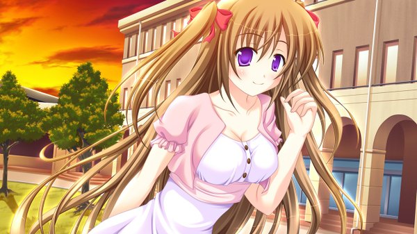 Anime picture 1280x720 with miu (c blue) single long hair smile brown hair wide image purple eyes girl dress plant (plants) tree (trees)