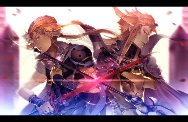 Anime picture 1840x1200 with final fantasy dissidia final fantasy square enix firion emperor mateus sunakumo long hair highres blonde hair tail profile horn (horns) grey hair magic back to back multicolored eyes boy gloves hair ornament weapon