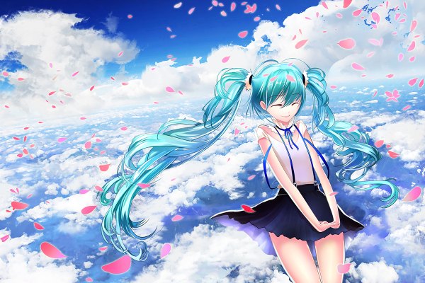 Anime picture 1200x800 with vocaloid hatsune miku lain1 single smile twintails sky cloud (clouds) eyes closed very long hair aqua hair wavy hair girl dress skirt petals sundress