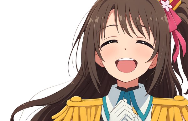 Anime picture 2146x1391 with idolmaster idolmaster cinderella girls shimamura uzuki yahiro (epicopeiidae) single long hair blush fringe highres open mouth simple background brown hair white background eyes closed teeth one side up happy hands clasped crystal night party girl