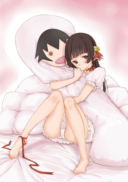 Anime picture 843x1192 with onii-chan dakedo ai sae areba kankeinai yo ne silver link himenokouji akiko tsukino wagamo single long hair tall image blush light erotic black hair red eyes barefoot pantyshot hug pantyshot sitting hair bell girl dress underwear panties