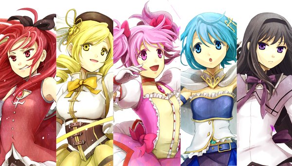 Anime picture 1132x647 with mahou shoujo madoka magica shaft (studio) akemi homura kaname madoka sakura kyouko miki sayaka tomoe mami krste looking at viewer short hair open mouth blue eyes black hair simple background blonde hair smile red eyes wide image white background purple eyes